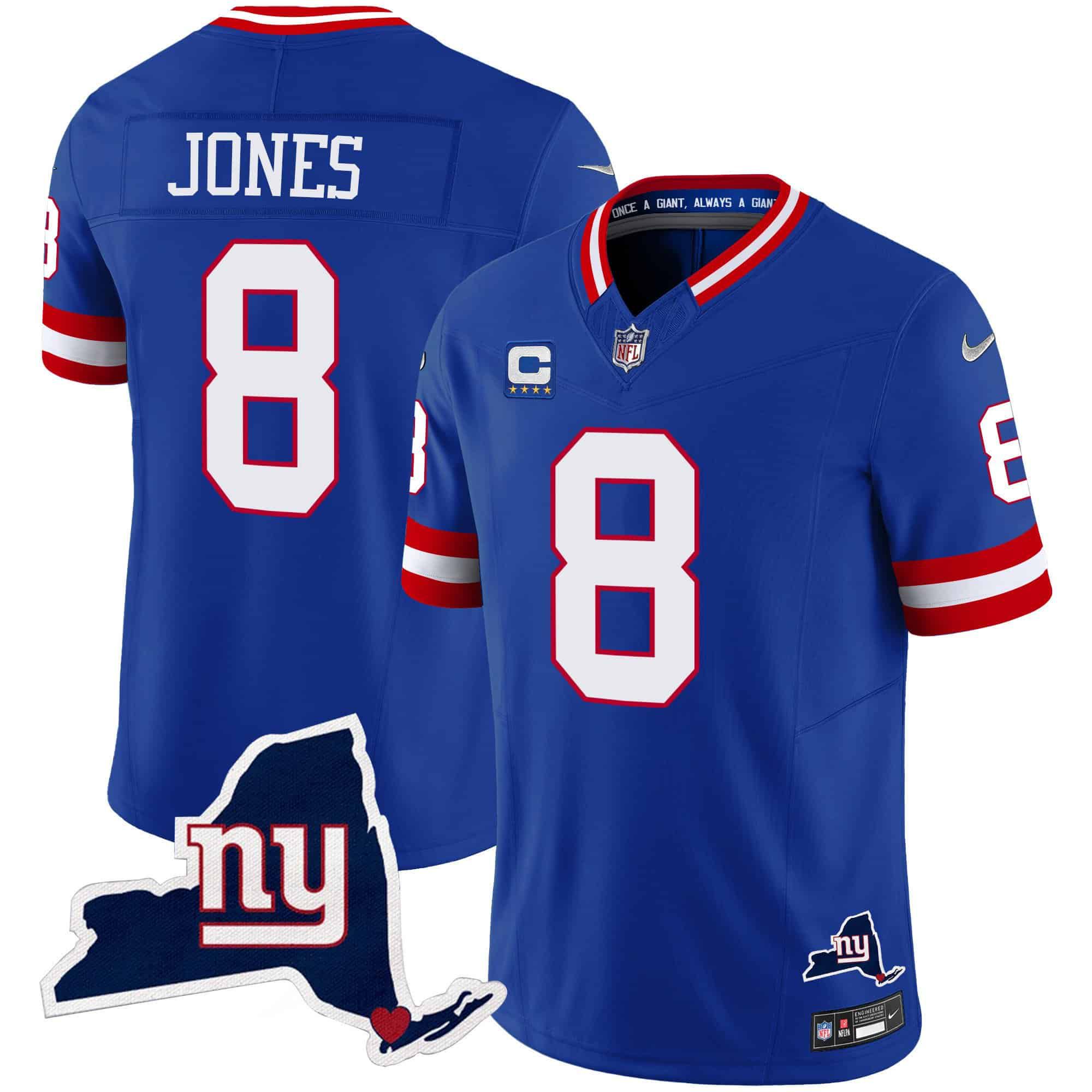 Men New York Giants #8 Jones Blue 2024 Nike Map Patch Limited NFL Jersey style 1